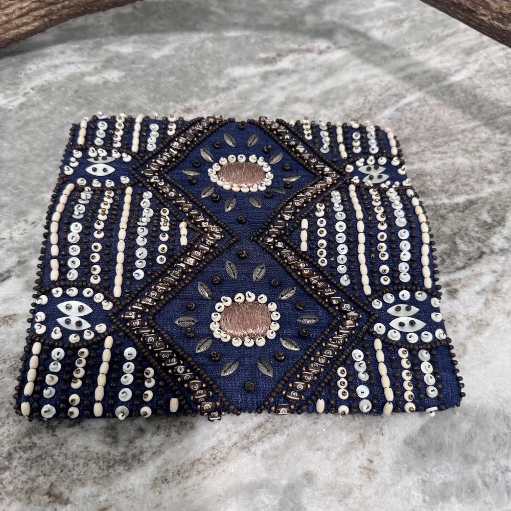Moyna Beaded  Clutch Navy Blue Silk Cotton Tribal Boho Evening Bag Handcrafted